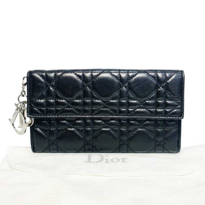 Christian Dior ディオール レディディオール 3つ折り長財布 カナージュ レザー ブラック 【240005004088】