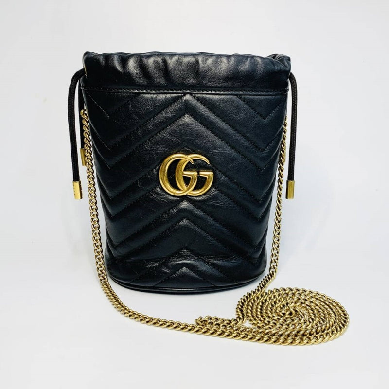 GUCCI グッチ GGマーモント バケット 575163 チェーンショルダーバッグ レザー ブラック 【240005006070】