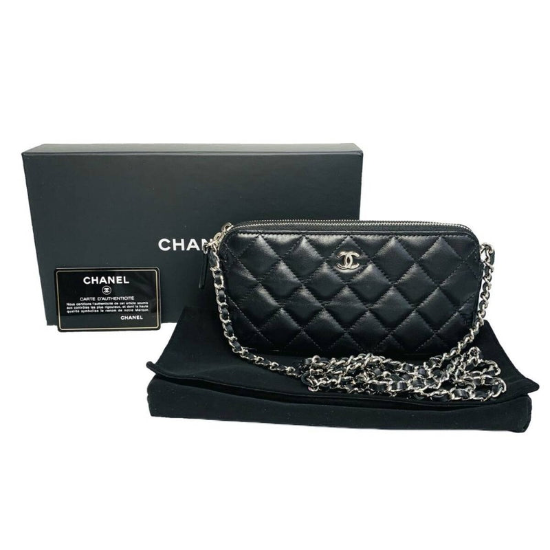 CHANEL シャネル マトラッセ チェーンウォレット A82527 ココマーク ラムスキン ブラック 【240005007046】