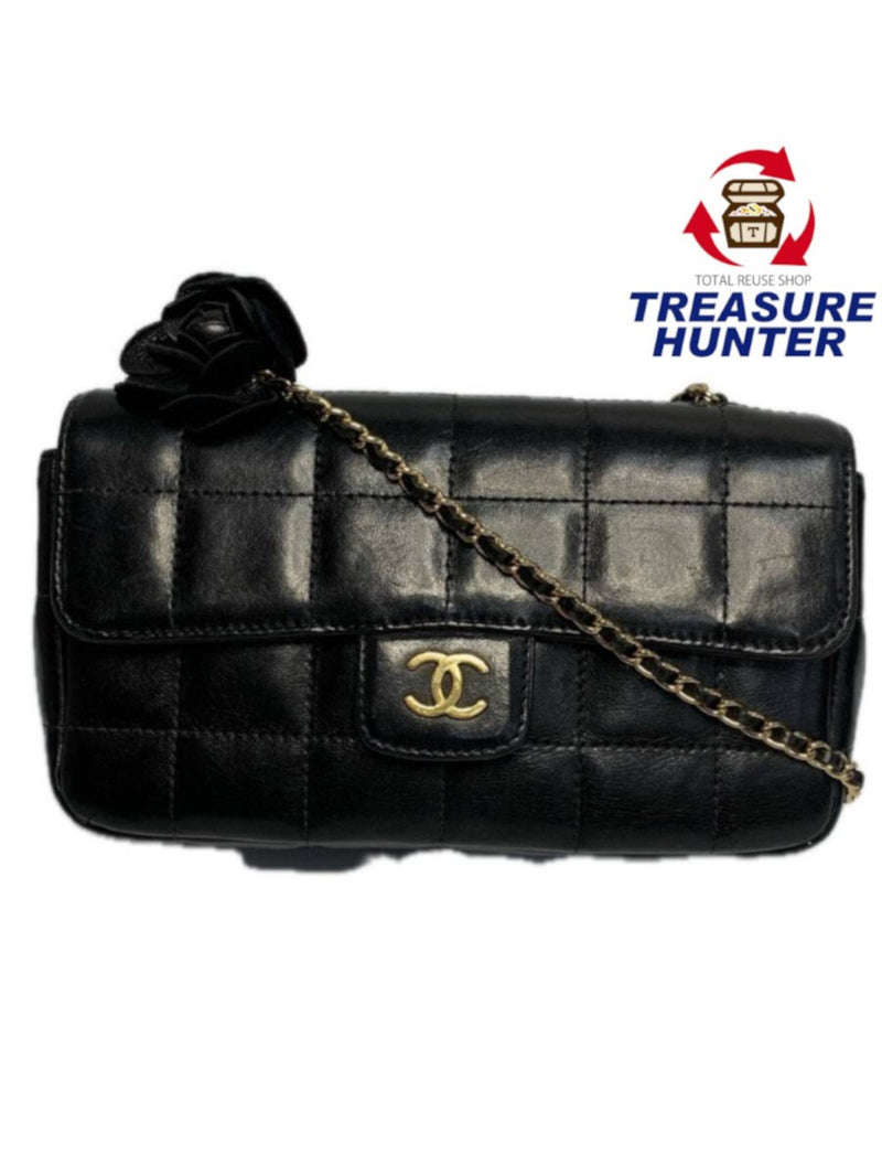 CHANEL シャネル カメリア チェーンショルダーバッグ レザー ブラック ゴールド チョコバー 【240005007112】