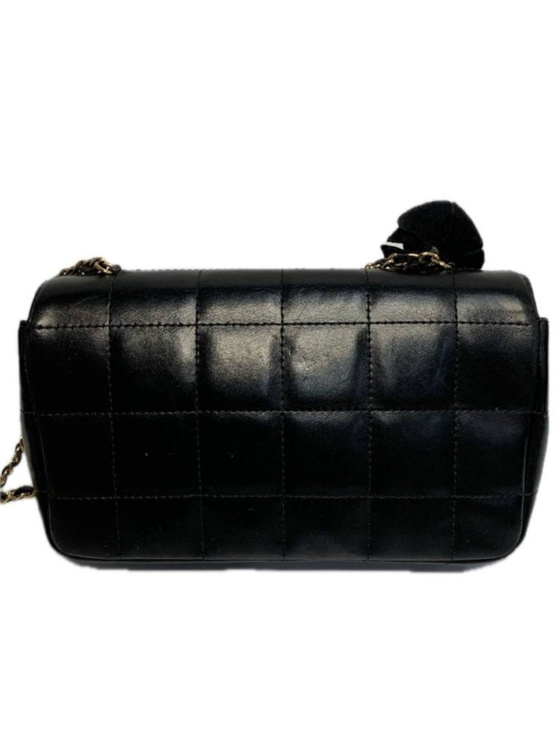 CHANEL シャネル カメリア チェーンショルダーバッグ レザー ブラック ゴールド チョコバー 【240005007112】