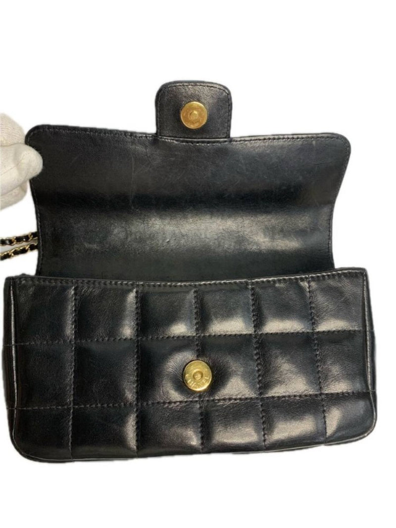 CHANEL シャネル カメリア チェーンショルダーバッグ レザー ブラック ゴールド チョコバー 【240005007112】