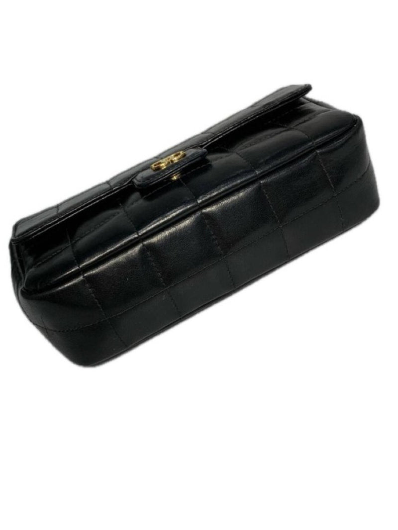 CHANEL シャネル カメリア チェーンショルダーバッグ レザー ブラック ゴールド チョコバー 【240005007112】