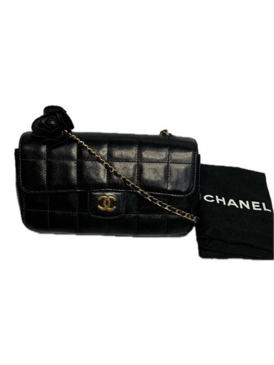 CHANEL シャネル カメリア チェーンショルダーバッグ レザー ブラック ゴールド チョコバー 【240005007112】