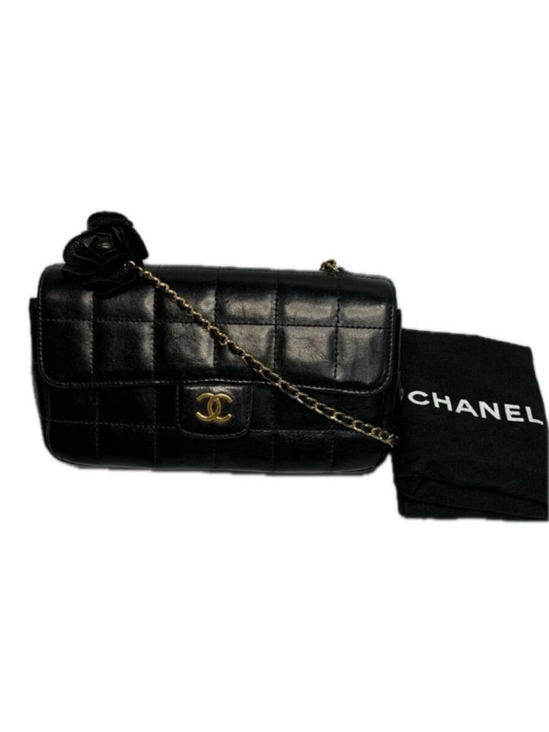 CHANEL シャネル カメリア チェーンショルダーバッグ レザー ブラック ゴールド チョコバー 【240005007112】